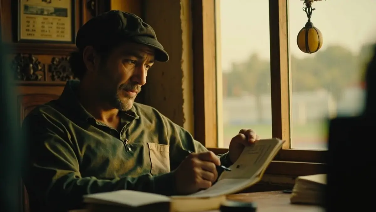Documentary-style editorial photography of an Indian cricket fan with an open pocket ledger notebook