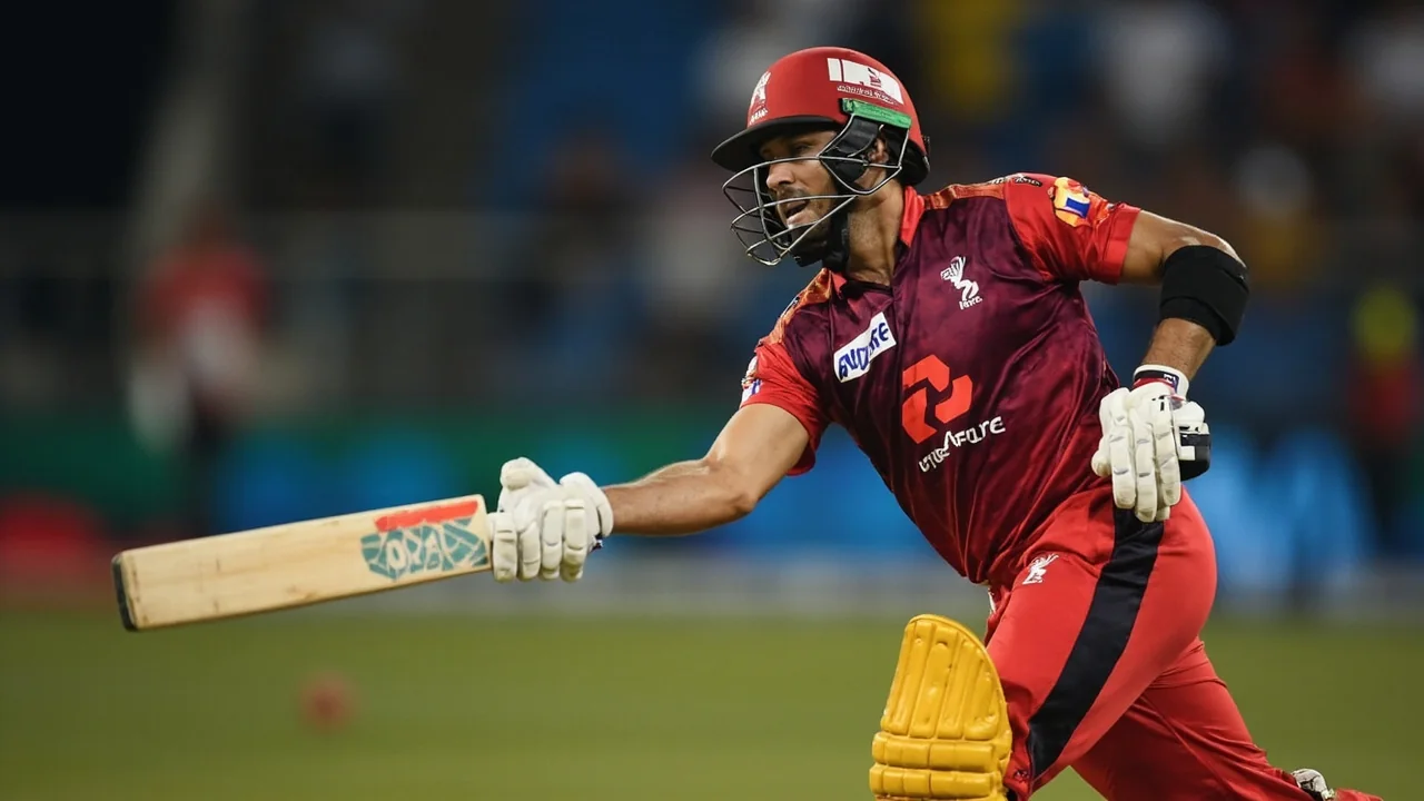 Editorial cricket photography of an Indian T20 batsman in coloured kit playing an attacking shot at the crease