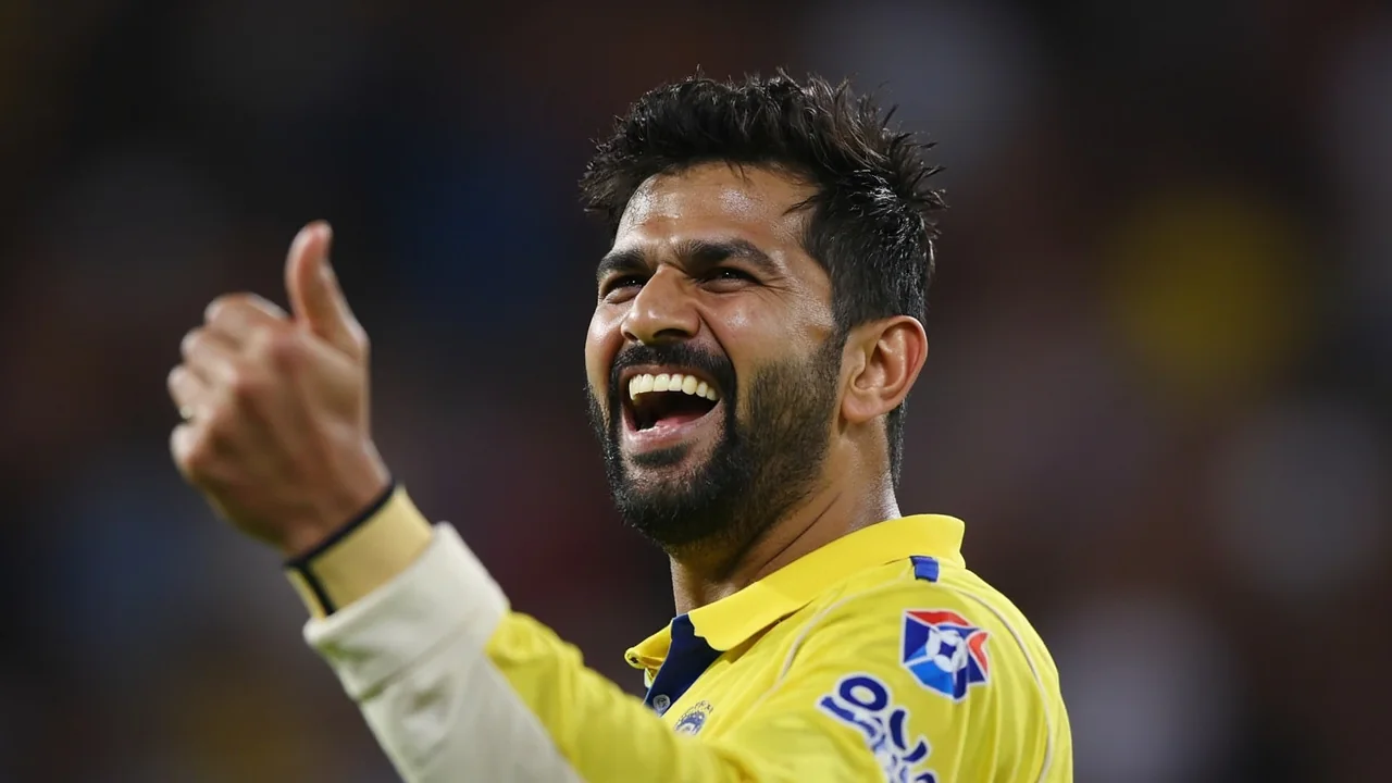A cricket bowler delivering the ball during play near the boundary