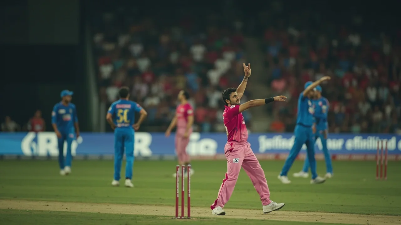Cricket players discussing field positions during a match
