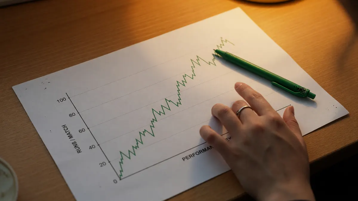 Editorial photography of a printed form trending chart on a sheet of paper with a green pen resting across the chart