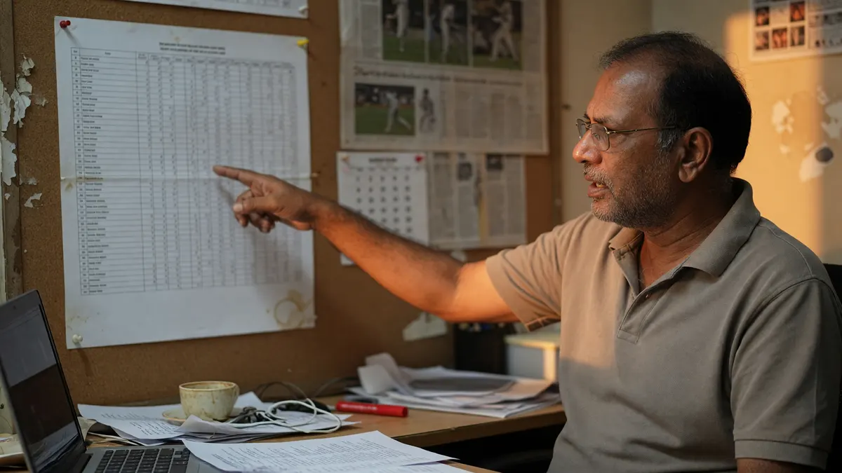 Editorial cricket photography of an Indian cricket analyst seated at a desk pointing at a printed player stats sheet