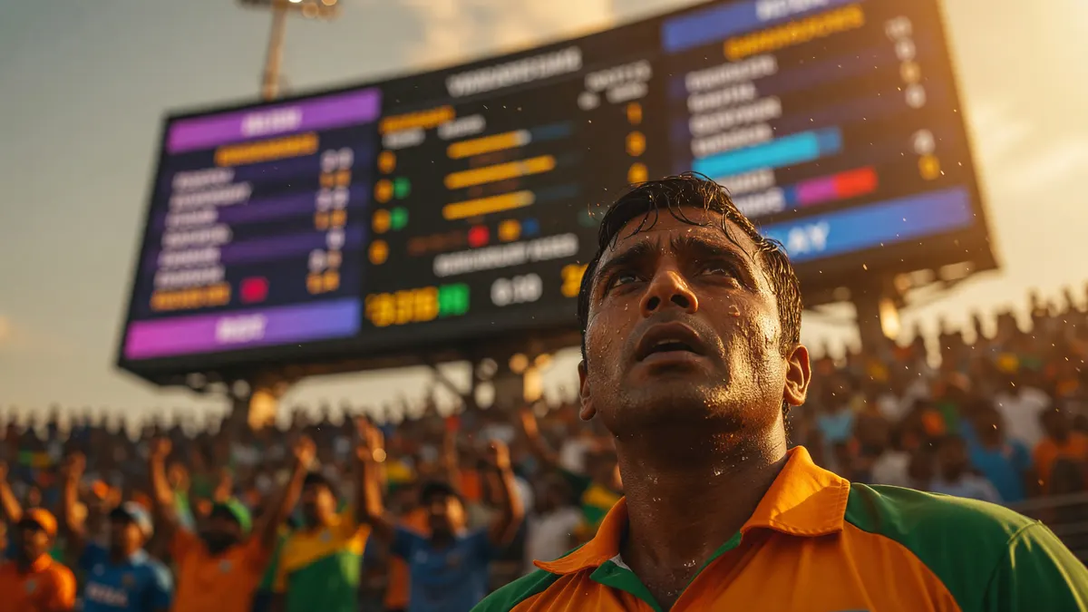 Editorial cricket photography of a fan looking up at a stadium scoreboard with running stats