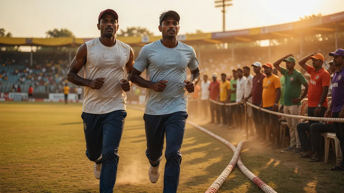 Editorial cricket photography of two cricketers jogging shoulder to shoulder along the boundary rope during warm-ups