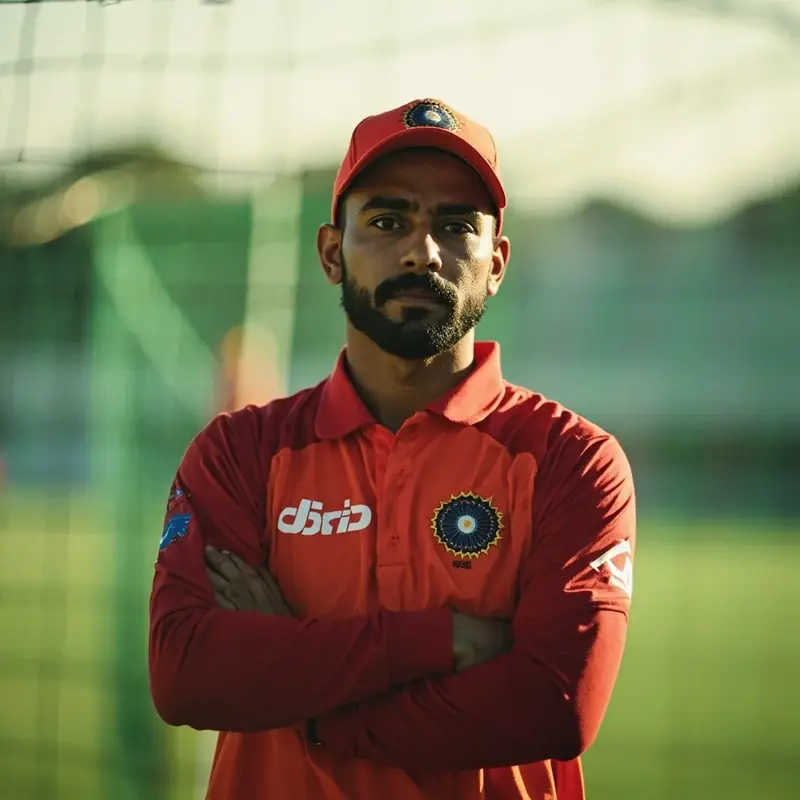Tight editorial portrait of a young Indian cricket captain on the practice nets