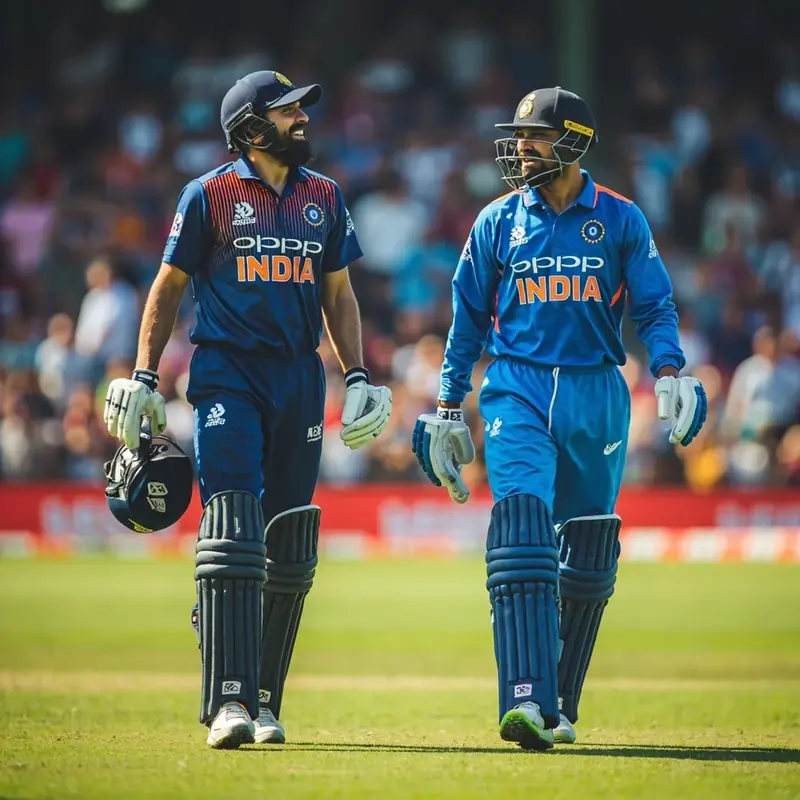 Editorial cricket photography of two opposing Indian captains walking side-by-side toward the toss board